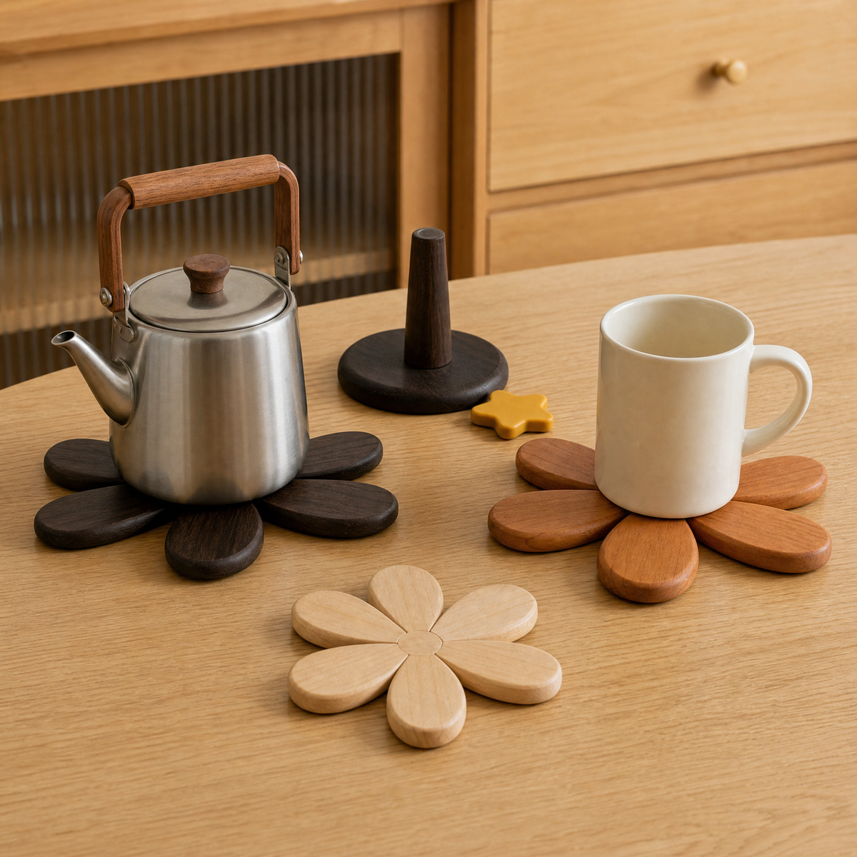 Wooden trivet set with Christmas tree stand, star, and leaf-shaped coasters