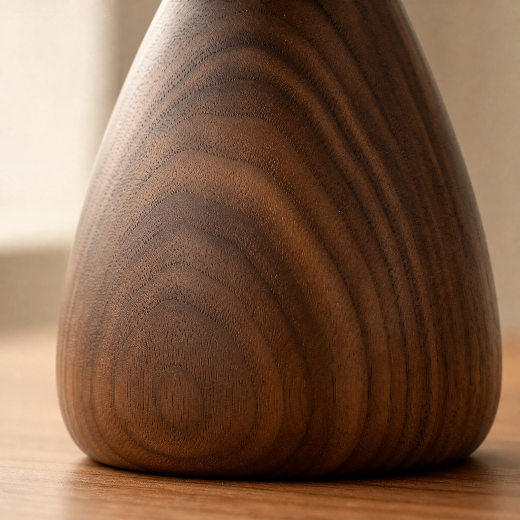 Walnut phone stand with smooth teardrop base and visible wood grain texture