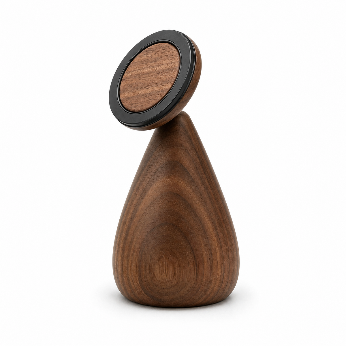 Walnut phone stand with black circular top and teardrop body, angled view
