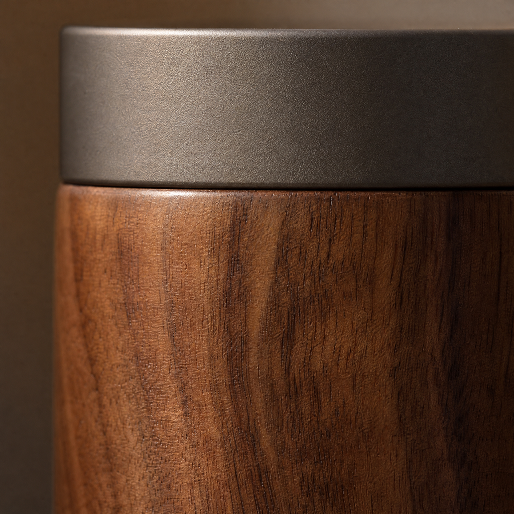 Close-up of the walnut grain and the brushed aluminium lid edge