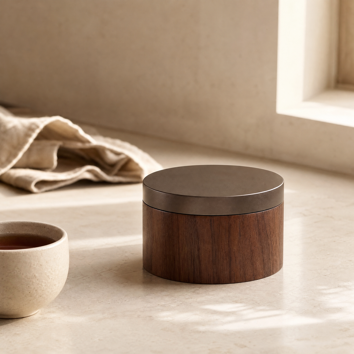 Walnut coffee canister, compact turned cylinder with aluminium lid
