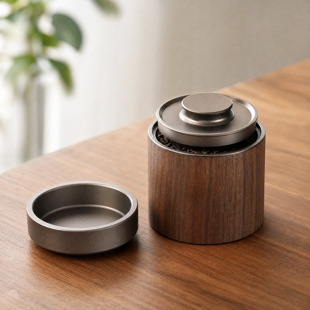 Walnut coffee canister open, showing the inner aluminium sealing disc
