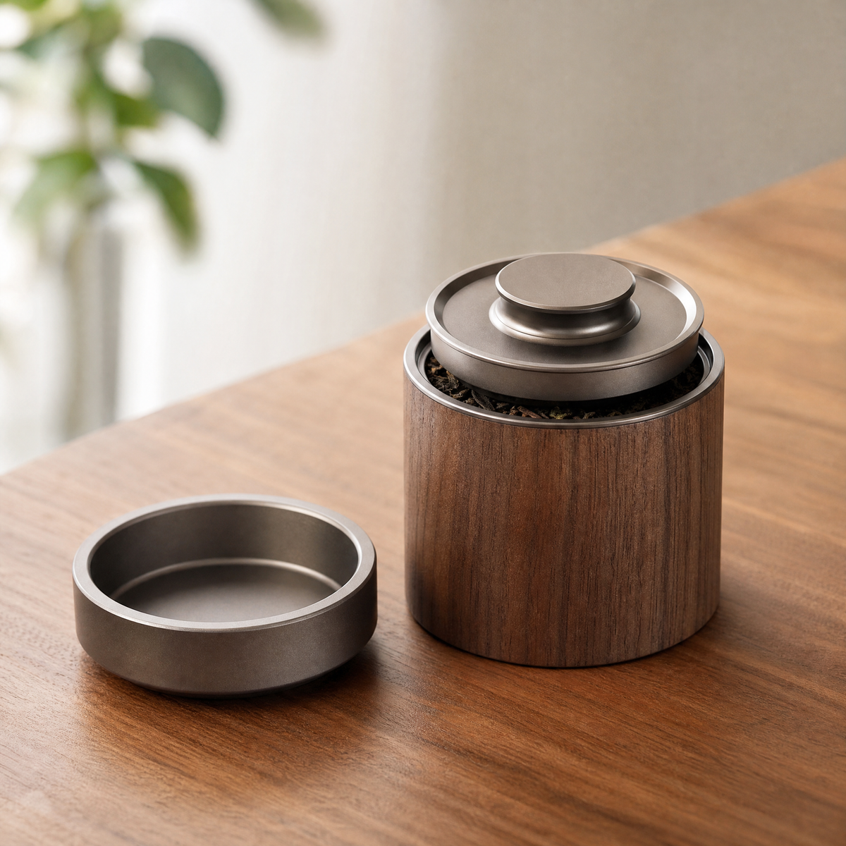 Walnut coffee canister open, showing the inner aluminium sealing disc