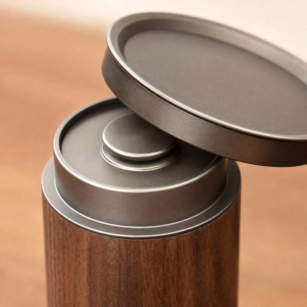 Both aluminium lids of the walnut coffee canister, inner and outer