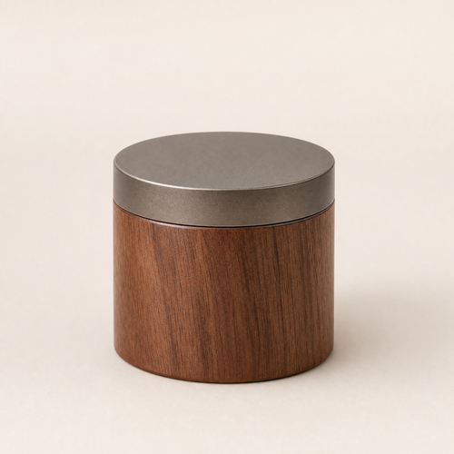 Solid walnut coffee canister with brushed aluminium lid, turned cylinder