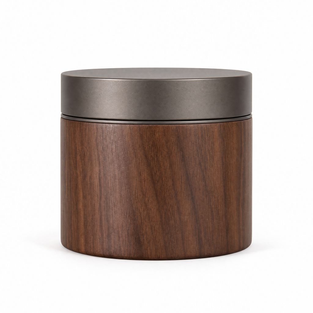 Walnut coffee canister, aluminium lid sitting flush on the rim