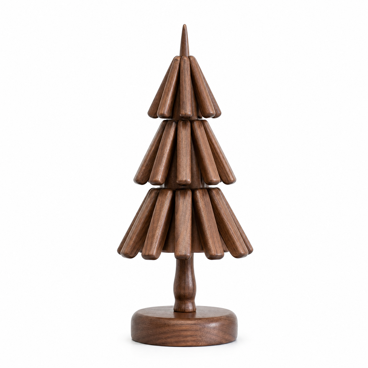 Walnut tree-shaped wooden trivet with stacked tiers and round pedestal base