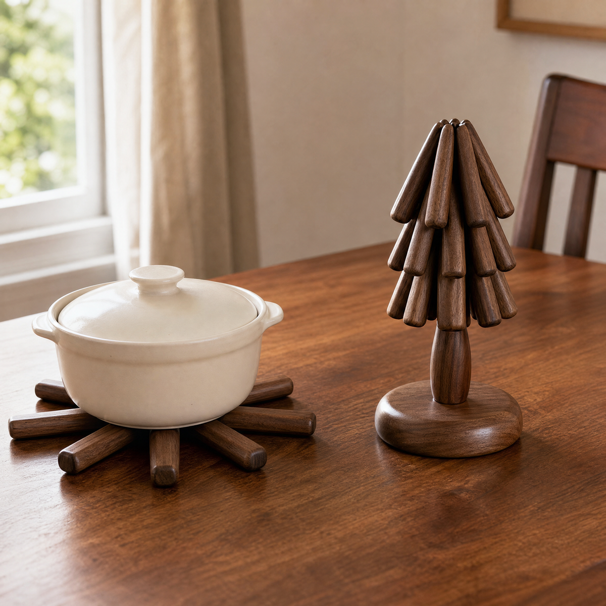 Walnut tree trivet with round base holding cookware on a tabletop