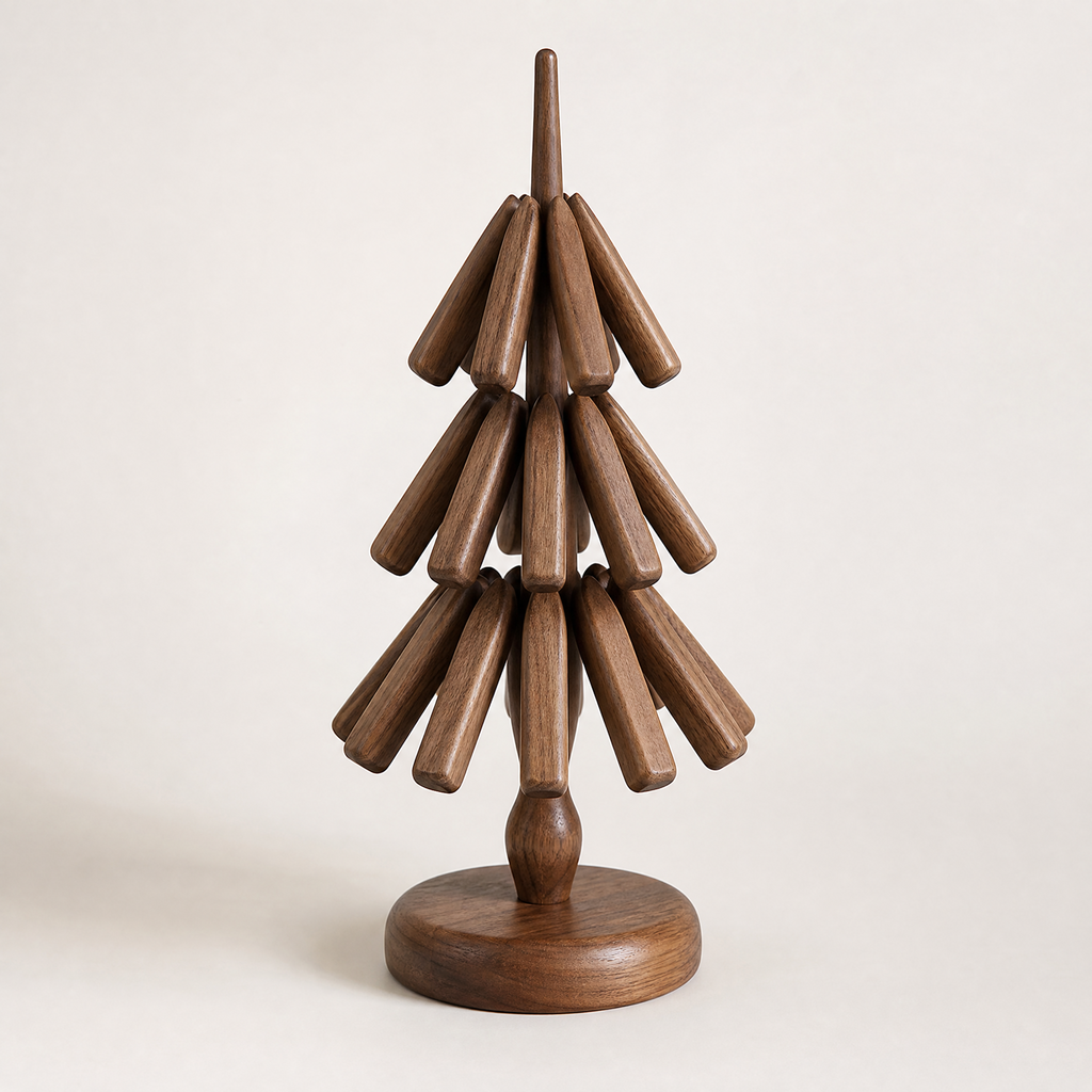Walnut tree-shaped wooden trivet set with three tiers and round base stand