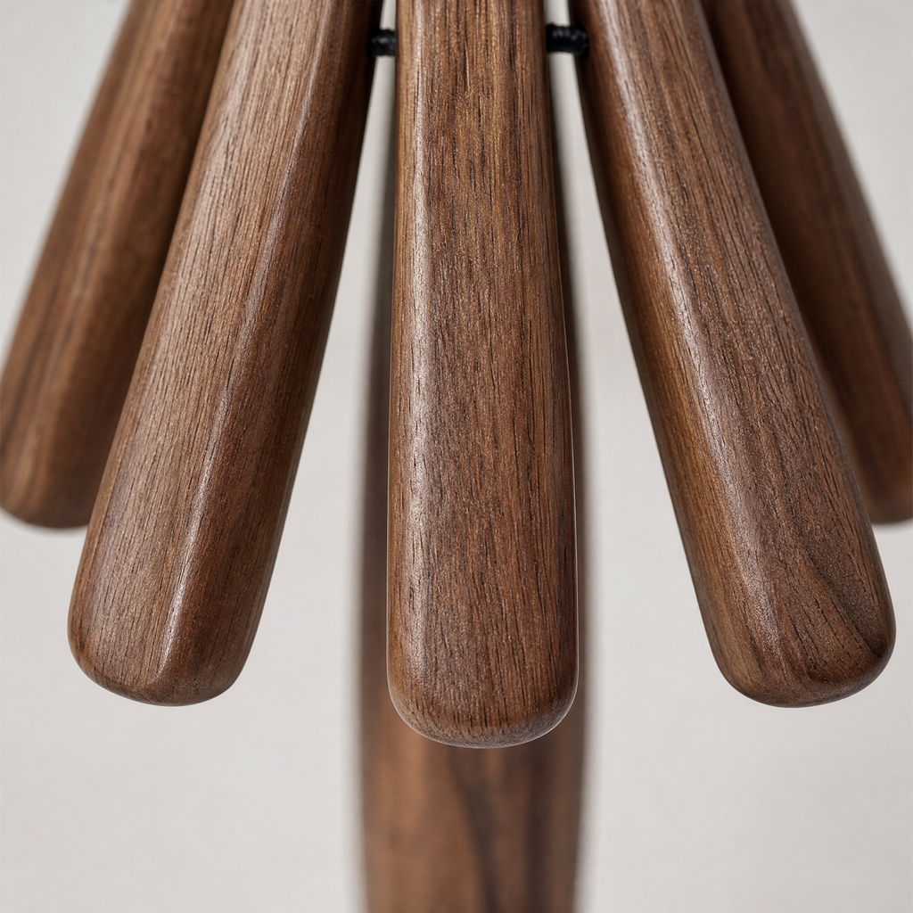 Walnut wooden trivet close-up showing grain and tapered branch pieces