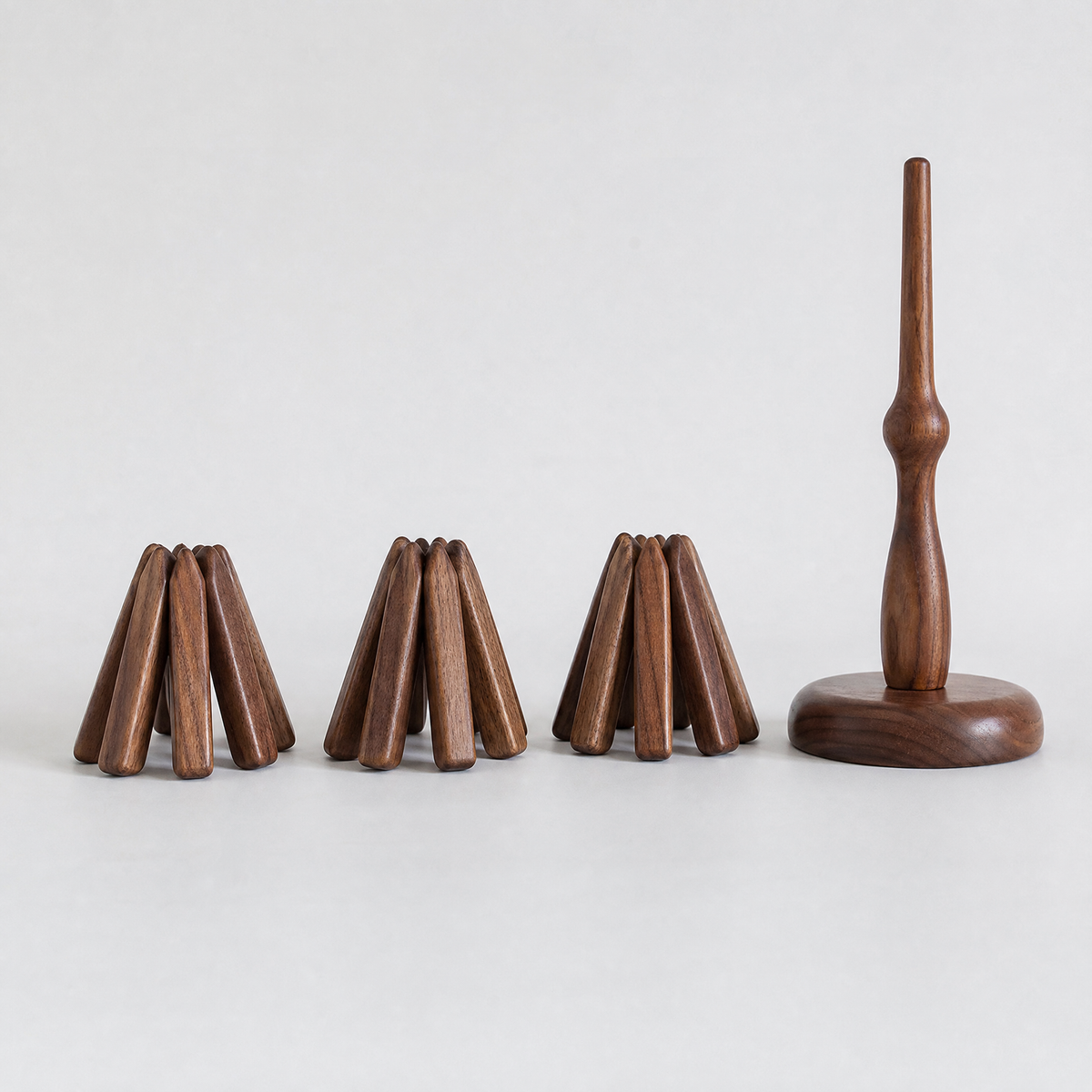 Walnut wooden tree trivets and tall stand base, set of three pieces