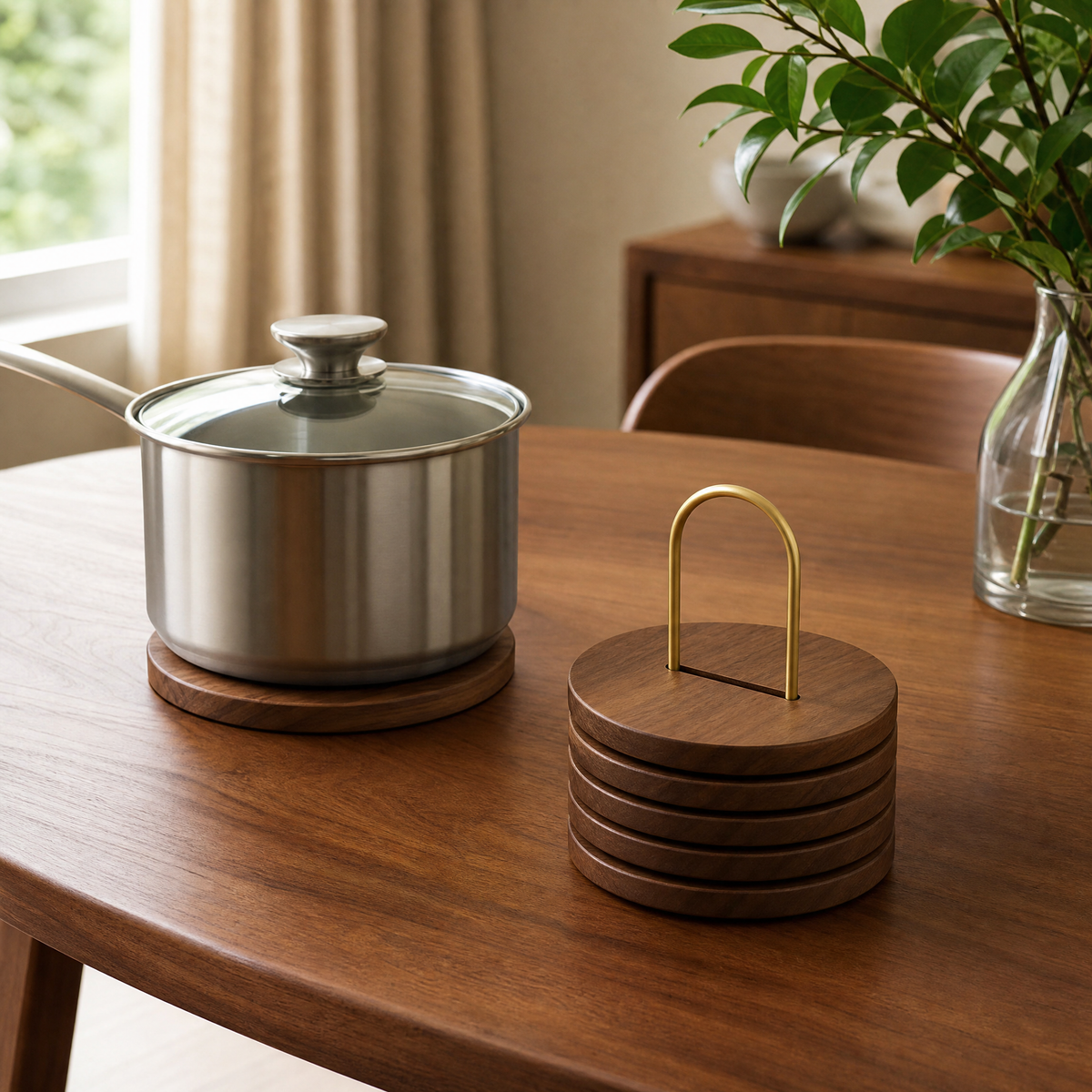 Brown wooden trivet stack with brass carry handle on dining table.