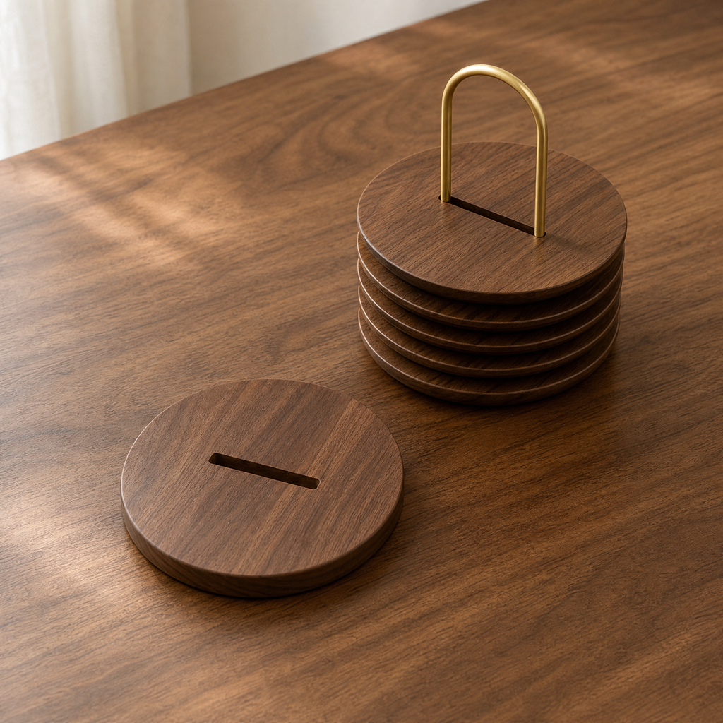 Walnut trivet stack with brass handle and one round trivet on tabletop.