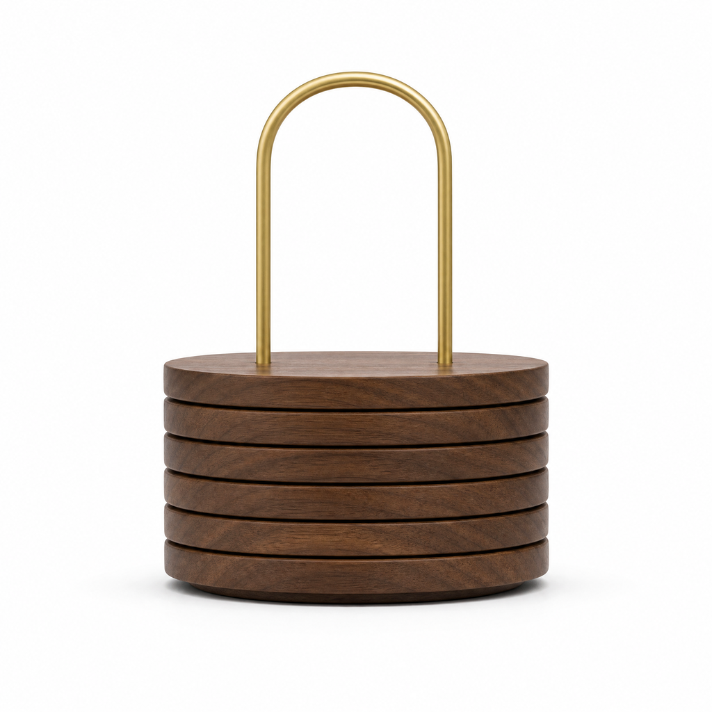Stack of dark wood round trivets with brass handle, set of six.