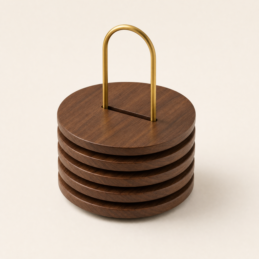 Stacked round walnut trivets with brass carry handle, set of six.