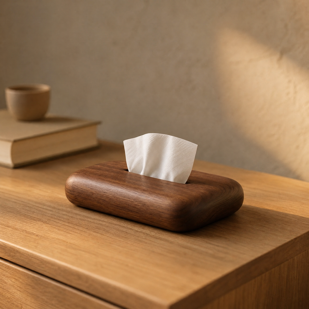 Walnut wood tissue box cover on a tabletop with white tissue emerging