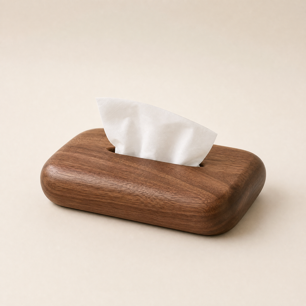 Walnut wood tissue box cover with white tissues protruding from top slot