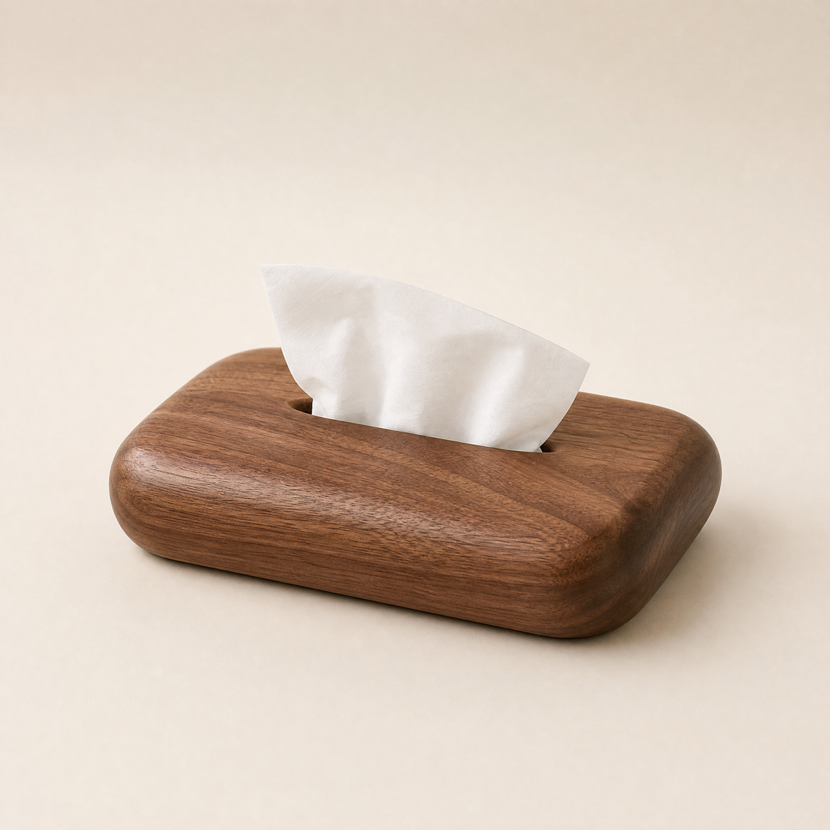 Walnut wood tissue box cover with white tissues protruding from top slot