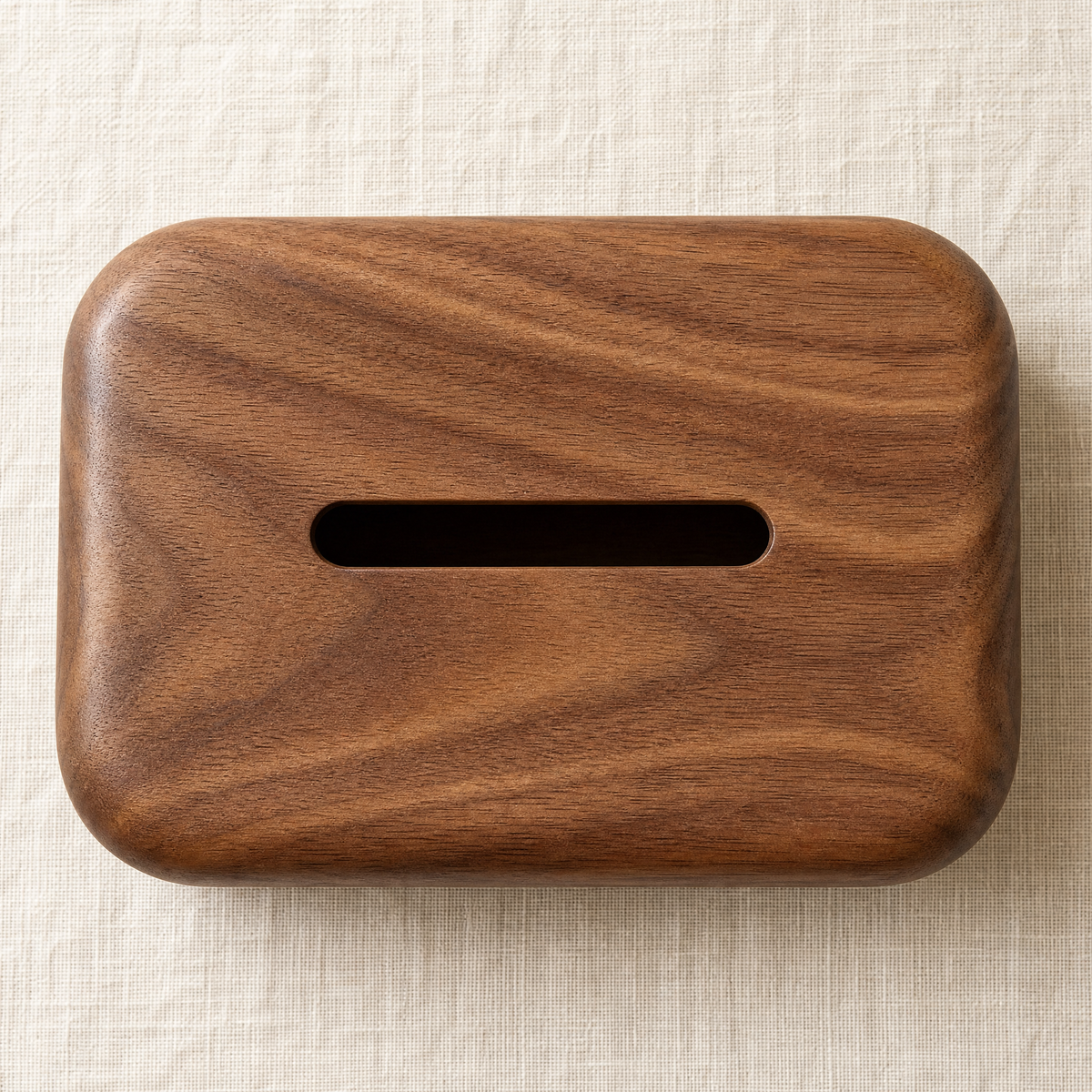 Walnut wood tissue box cover front with rectangular top opening for tissues