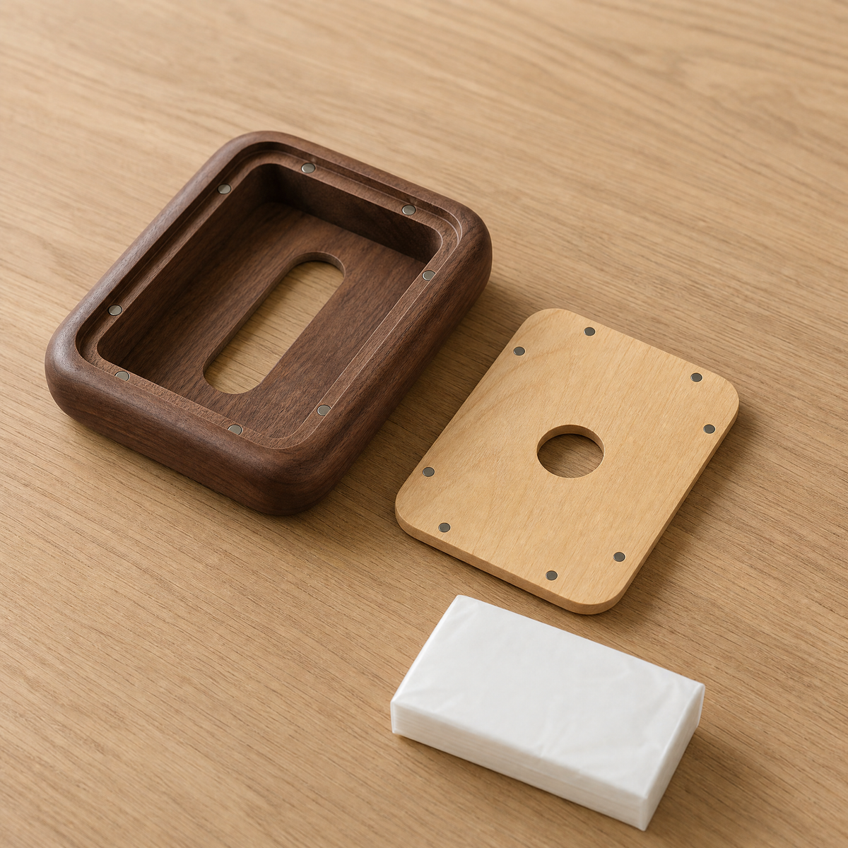 Walnut tissue box cover with open base, insert plate, and tissue pack