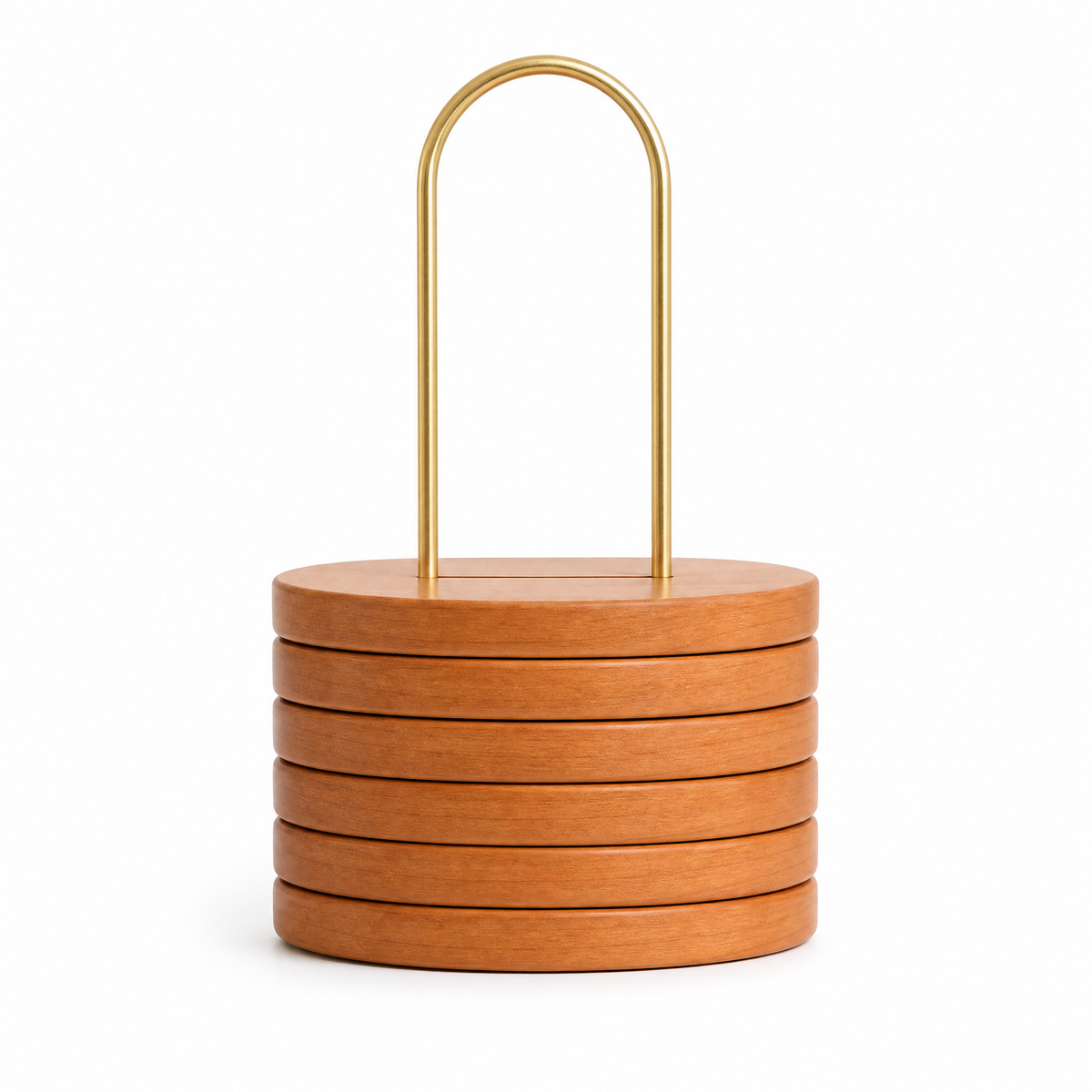 Orange wood trivet stack with brass handle, set of six.