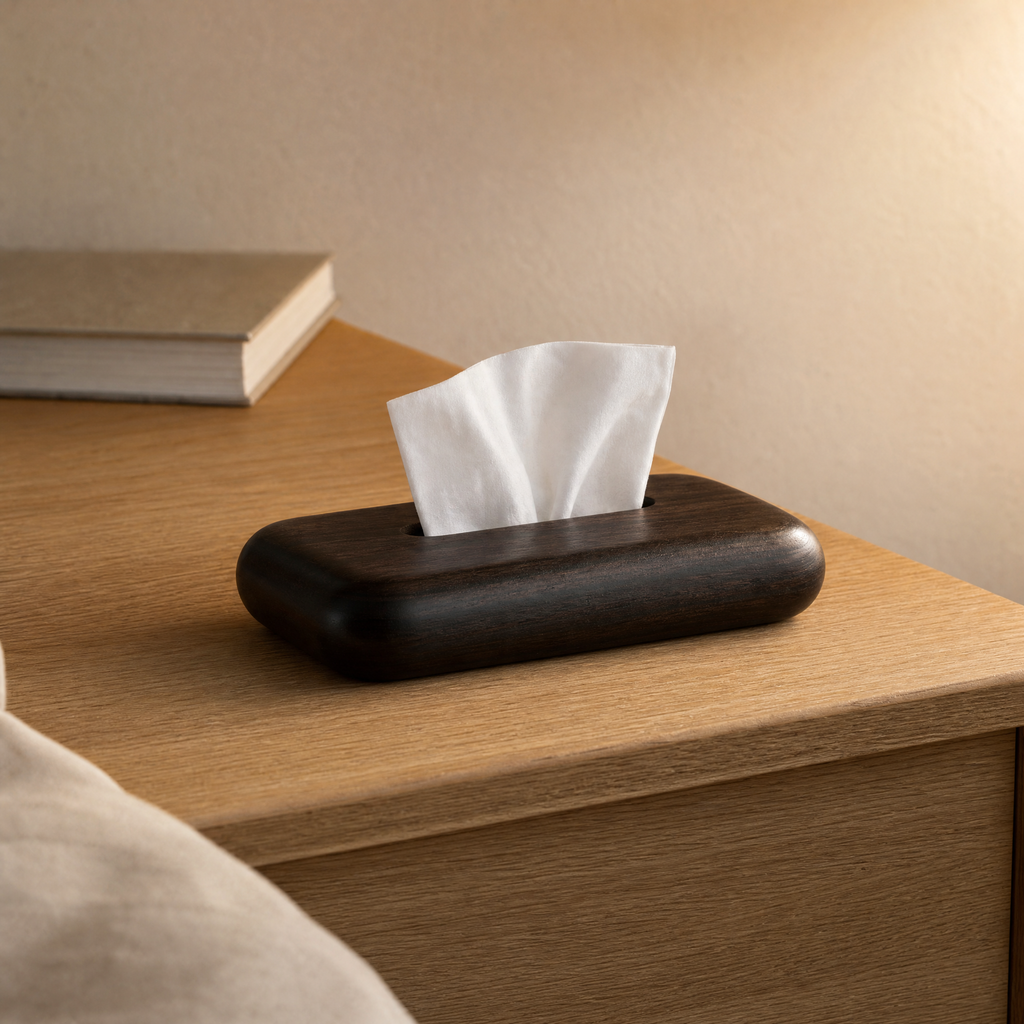 Ebony dark wood tissue box cover on a cabinet top with white tissue emerging