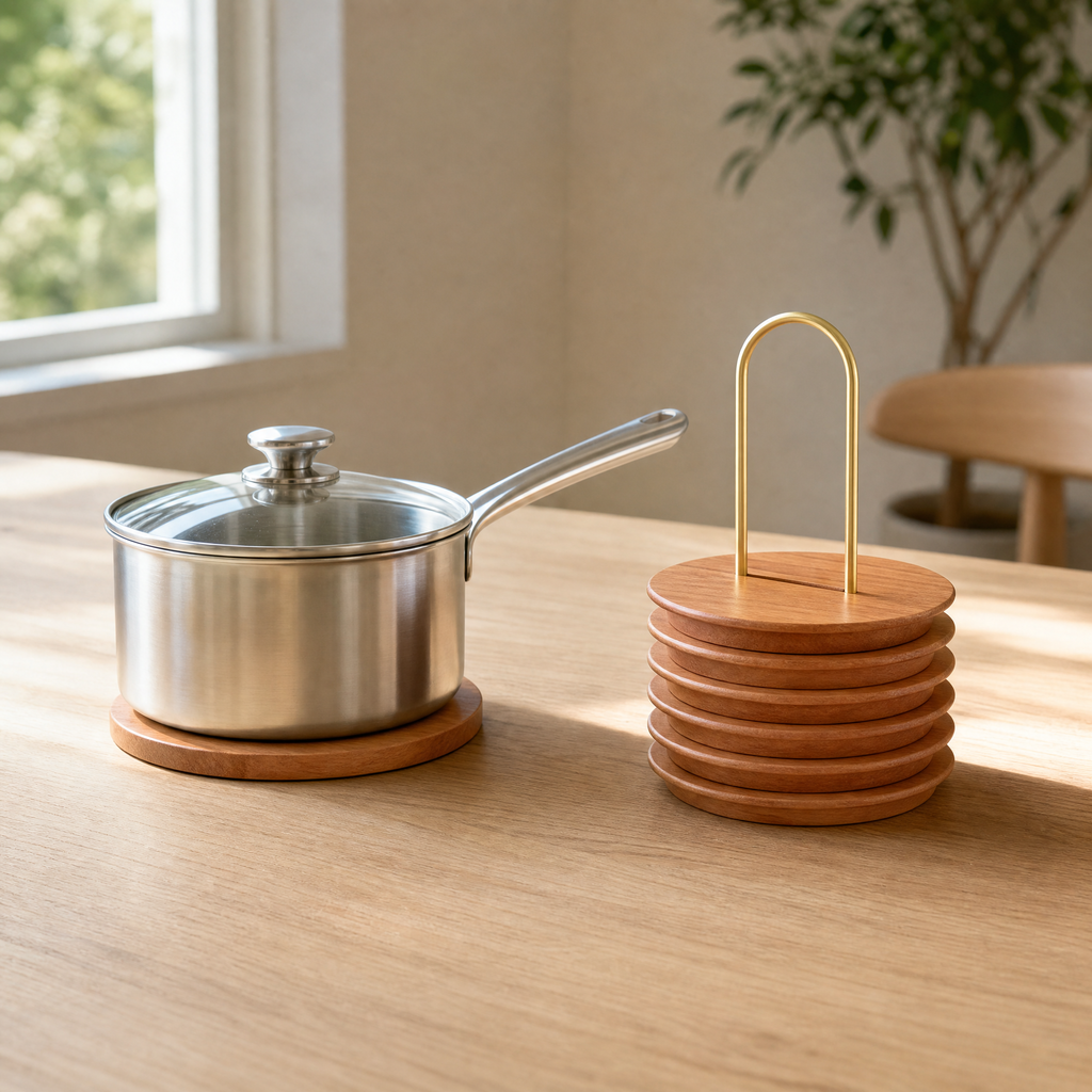 Cherry trivet stack with brass carry handle next to metal pot on table.