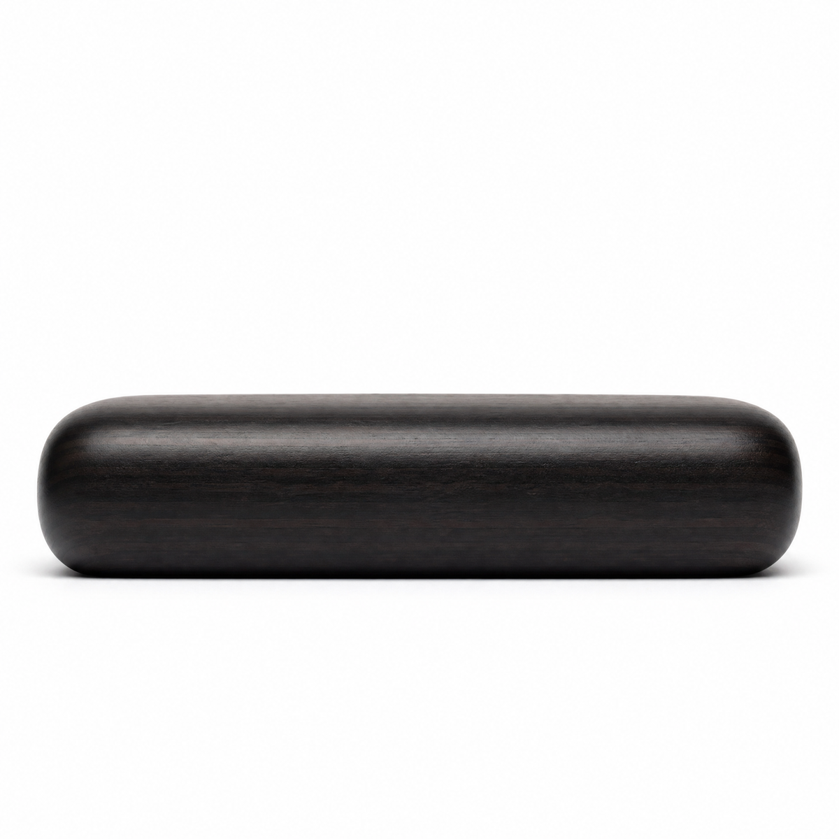 Low-profile ebony tissue box cover side view, smooth rounded wood shape
