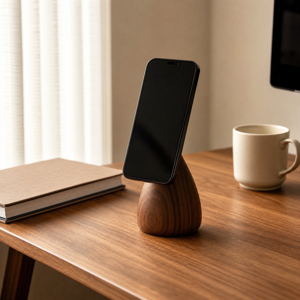 Walnut phone stand holding a black smartphone on the circular magnetic face