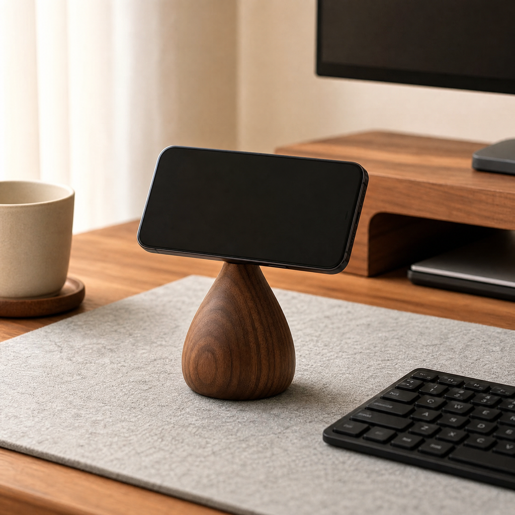 Walnut phone stand holding a black smartphone, wide teardrop base for stability