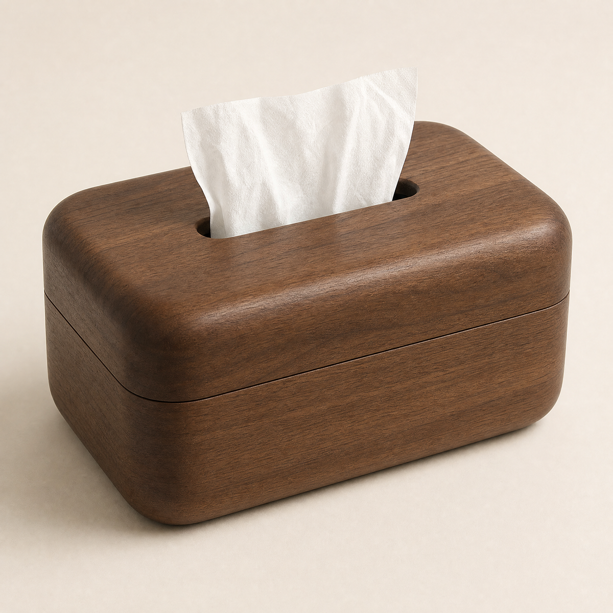 Walnut tissue box with magnetic lift-off lid and oval tissue opening