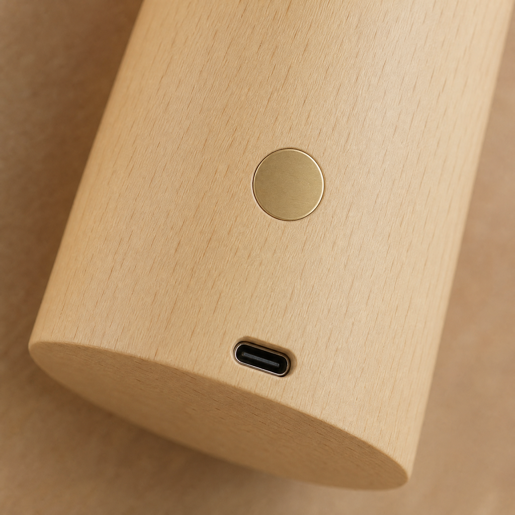 Wooden lamp side close-up with round touch button and USB-C charging port