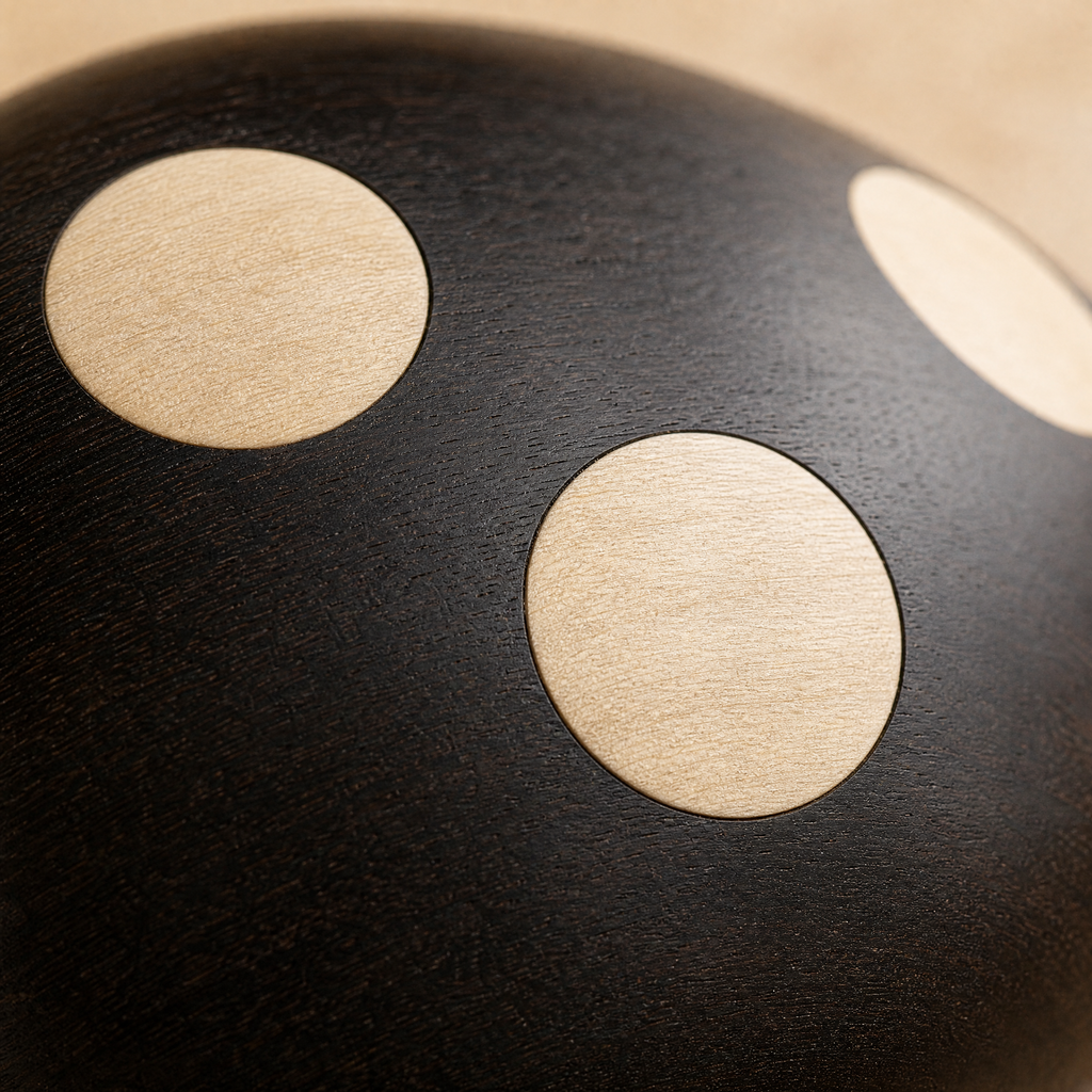 Wooden lamp cap close-up with pale dot inlays