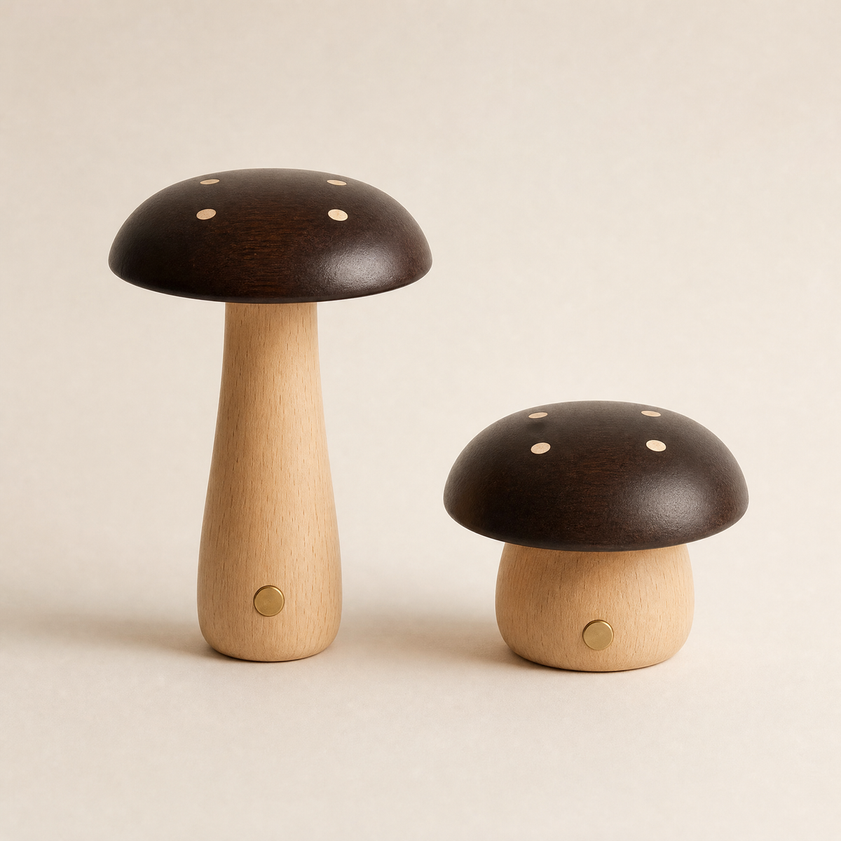 Wooden mushroom lamp set of two, dark caps with dot inlays and light wooden stems