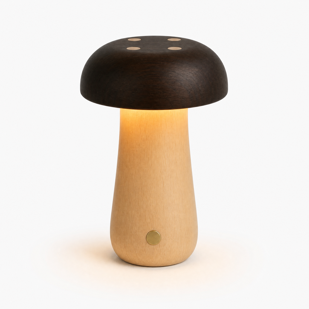 Wooden mushroom lamp with dark dome cap, light wooden base, and round touch button