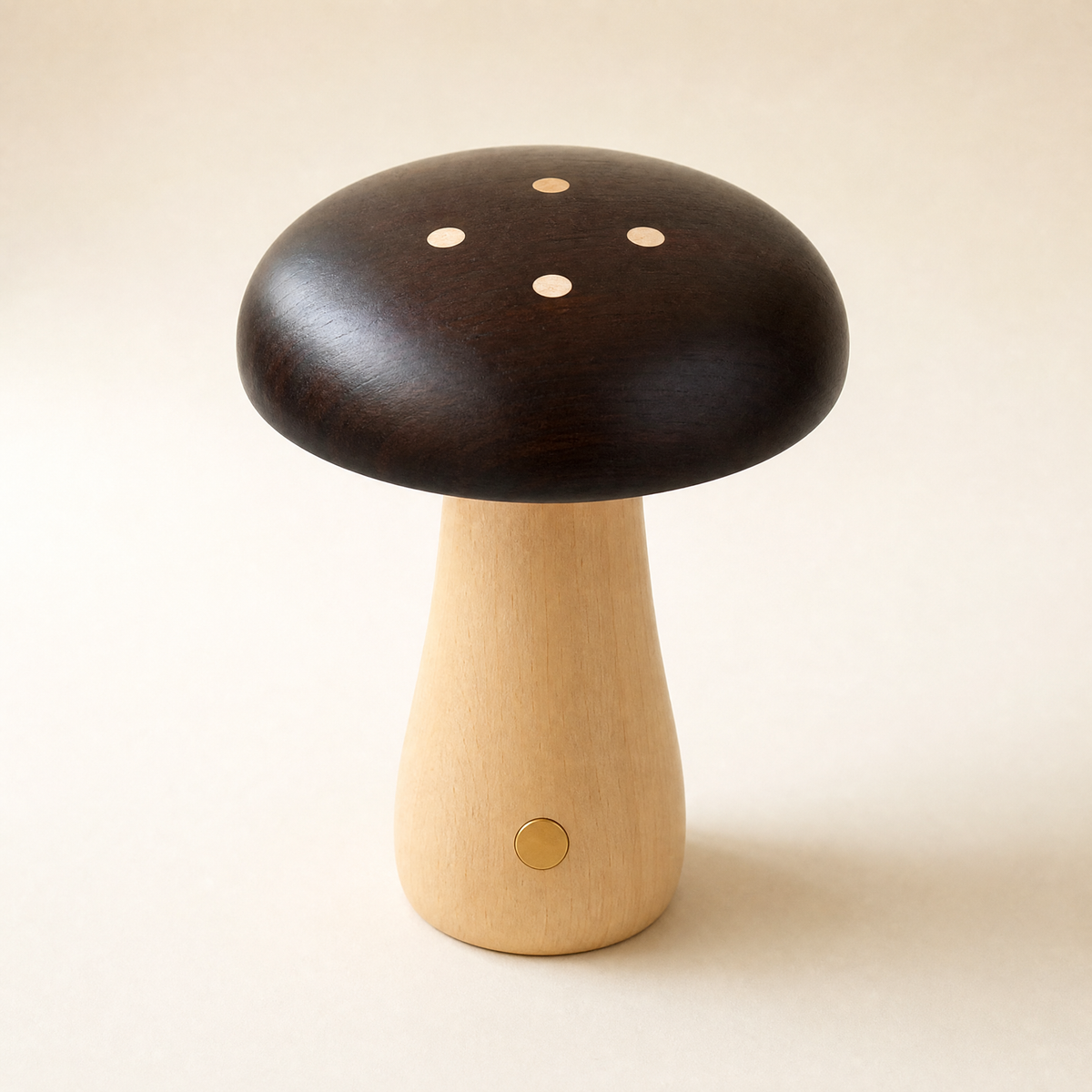 Wooden mushroom lamp with dark cap, light stem, dot inlays, and round touch button