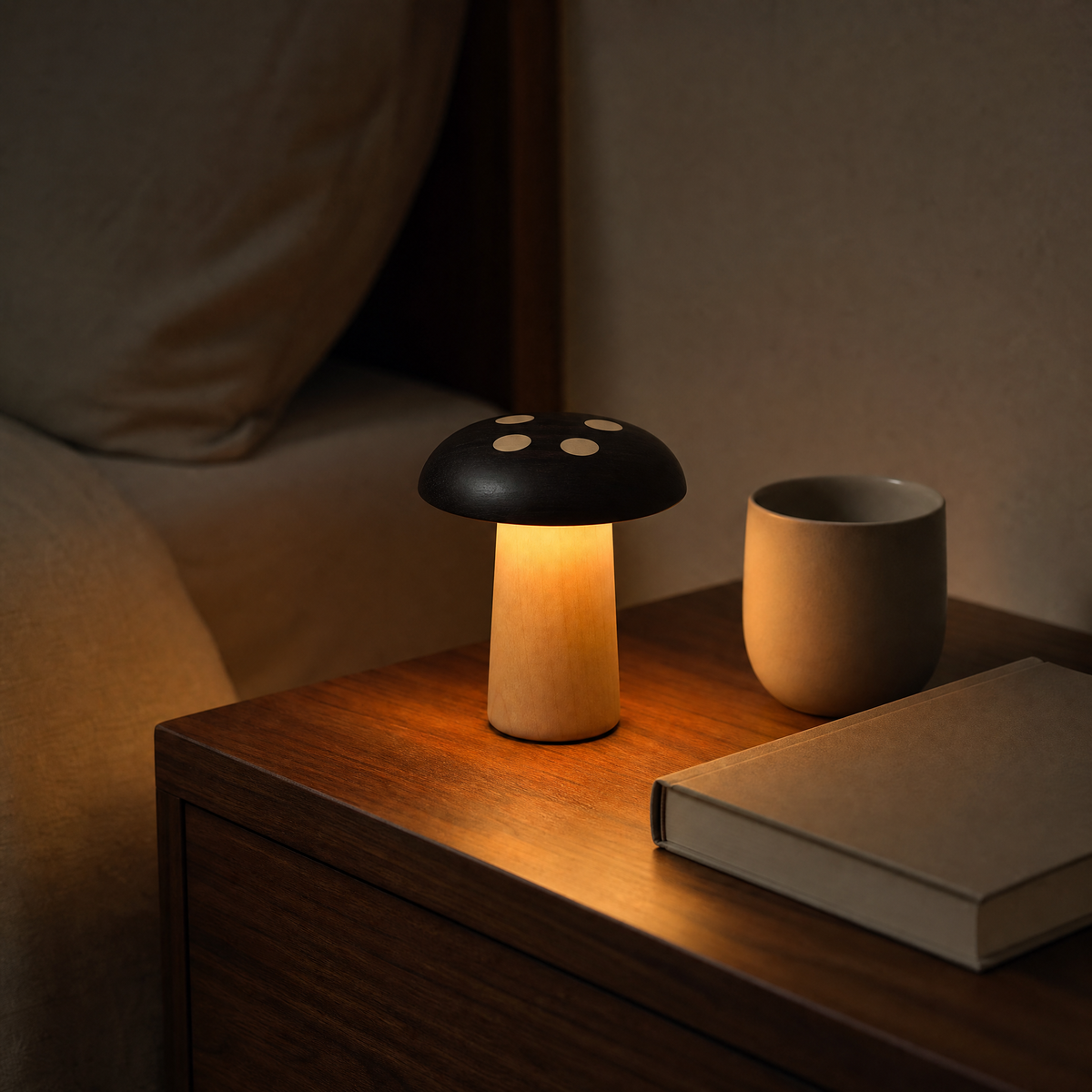 Wooden mushroom lamp on tabletop with warm glow, dark cap with pale dot inlays