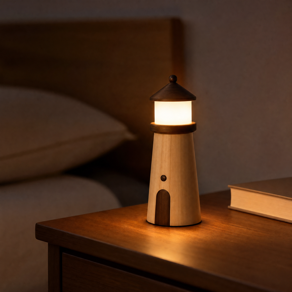 Wooden lighthouse night light on bedside table with warm light and touch panel