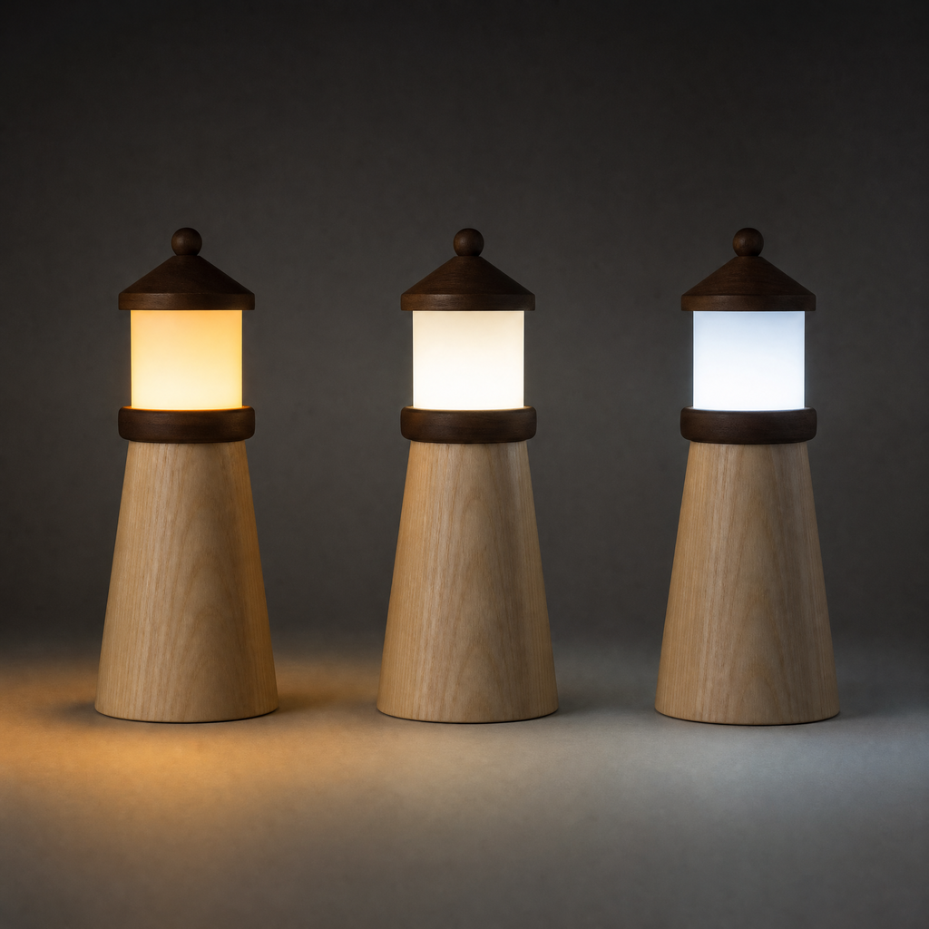Set of three wooden lighthouse night lights with warm, neutral, and cool glow