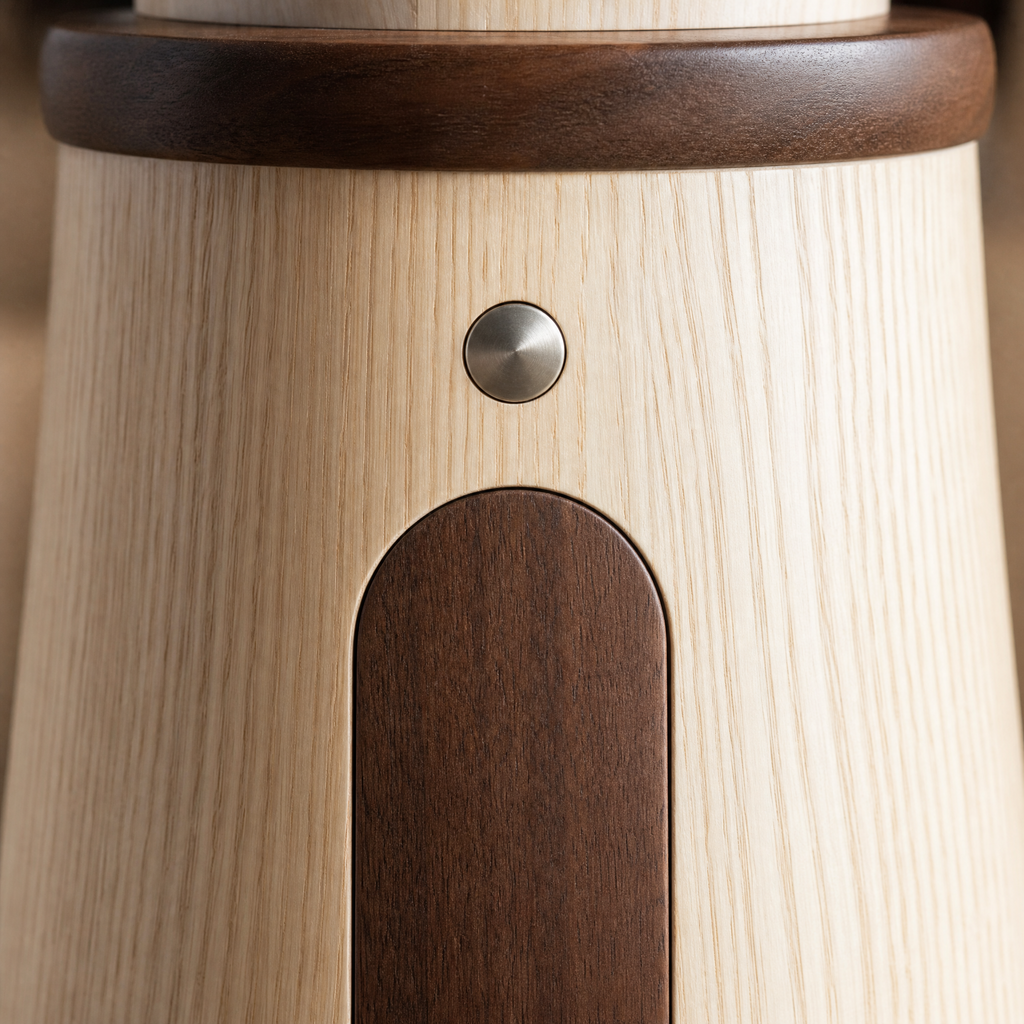 Close-up of wooden lighthouse night light touch button and dark arched front panel