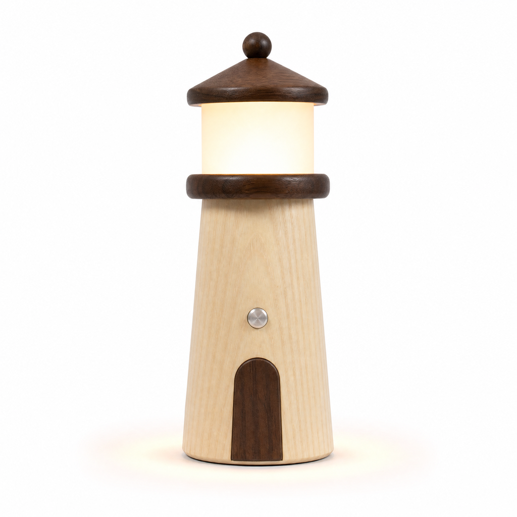 Wooden lighthouse night light, glowing white lamp, arched side panel with touch switch