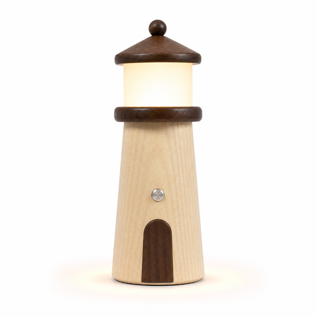 Wooden lighthouse night light, glowing white lamp, arched side panel with touch switch