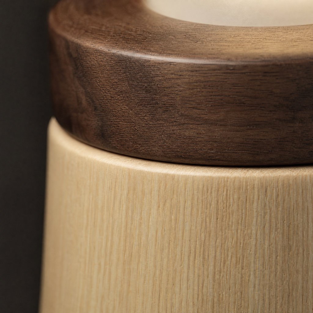 Close-up of wooden lighthouse night light with dark top rim and light wood body