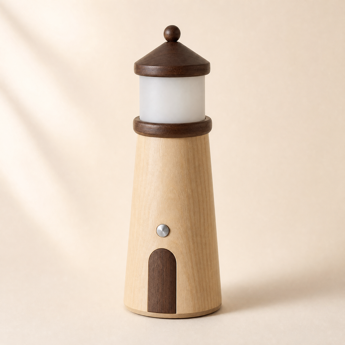 Wooden lighthouse night light with dark top, glowing interior, touch switch on side