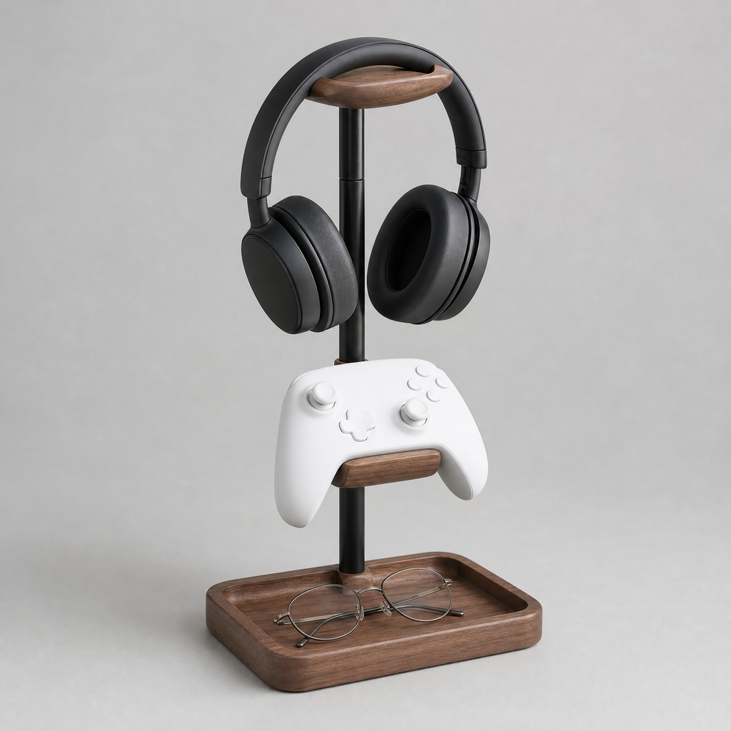 Height-adjustable stand holding black headphones and white controller above walnut tray
