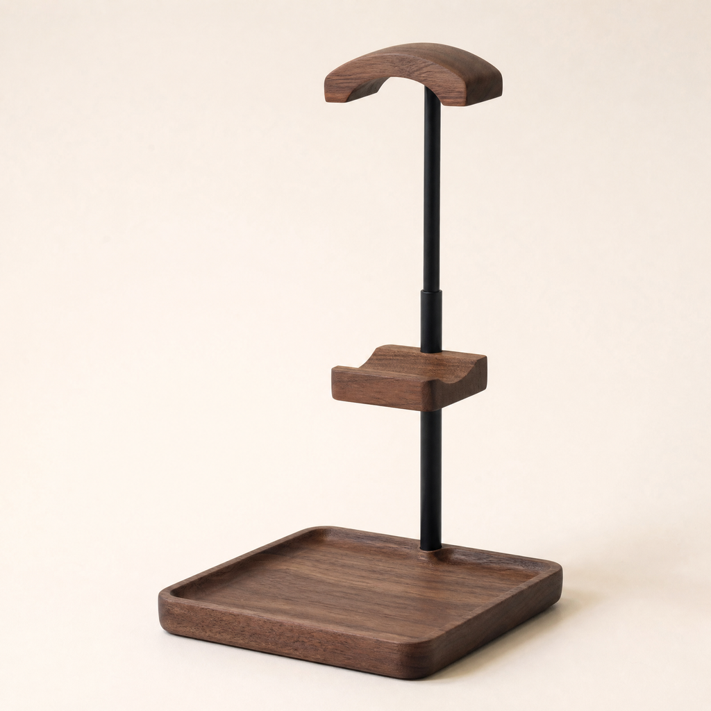 Height-adjustable headphone and controller stand with walnut base tray and black pole