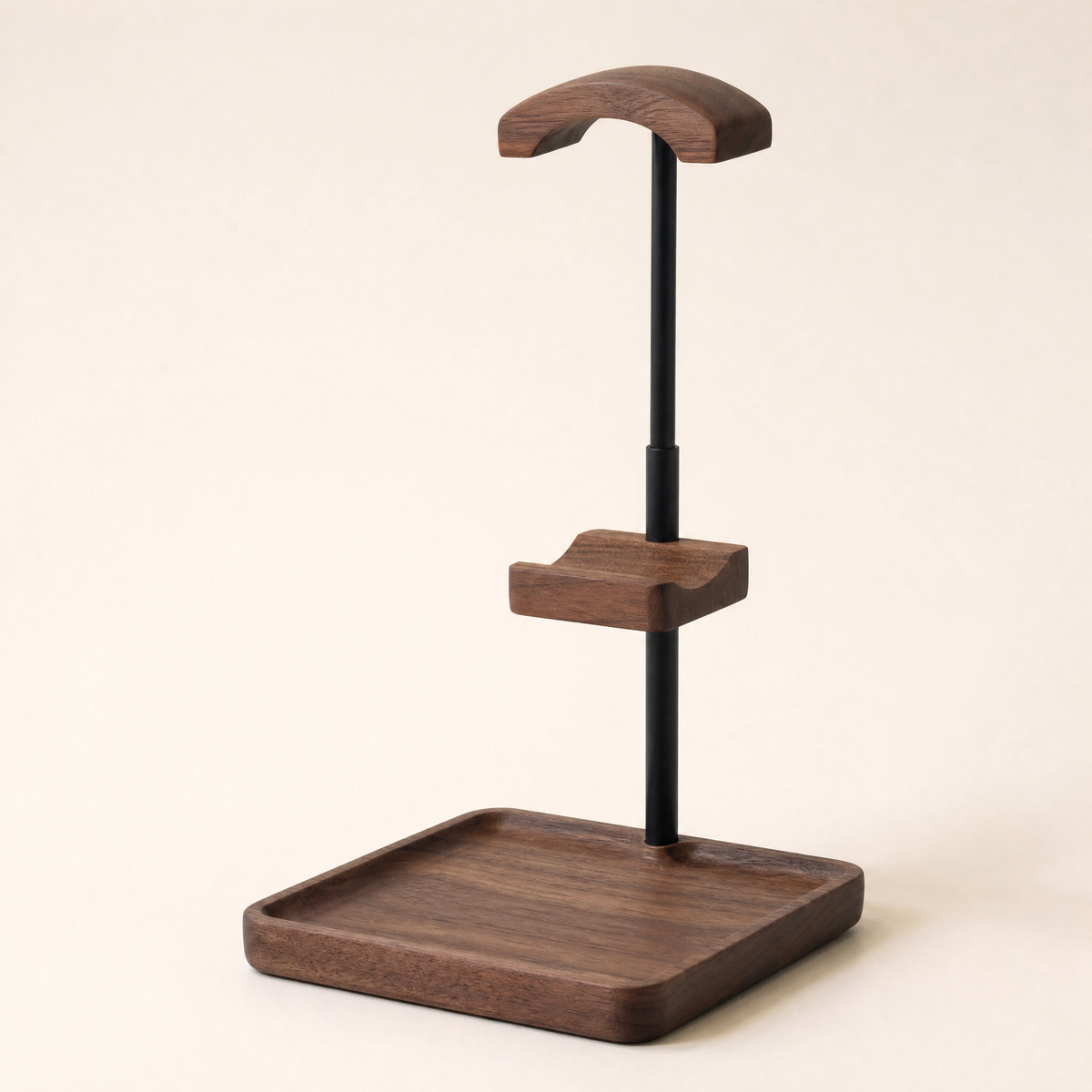 Height-adjustable headphone and controller stand with walnut base tray and black pole