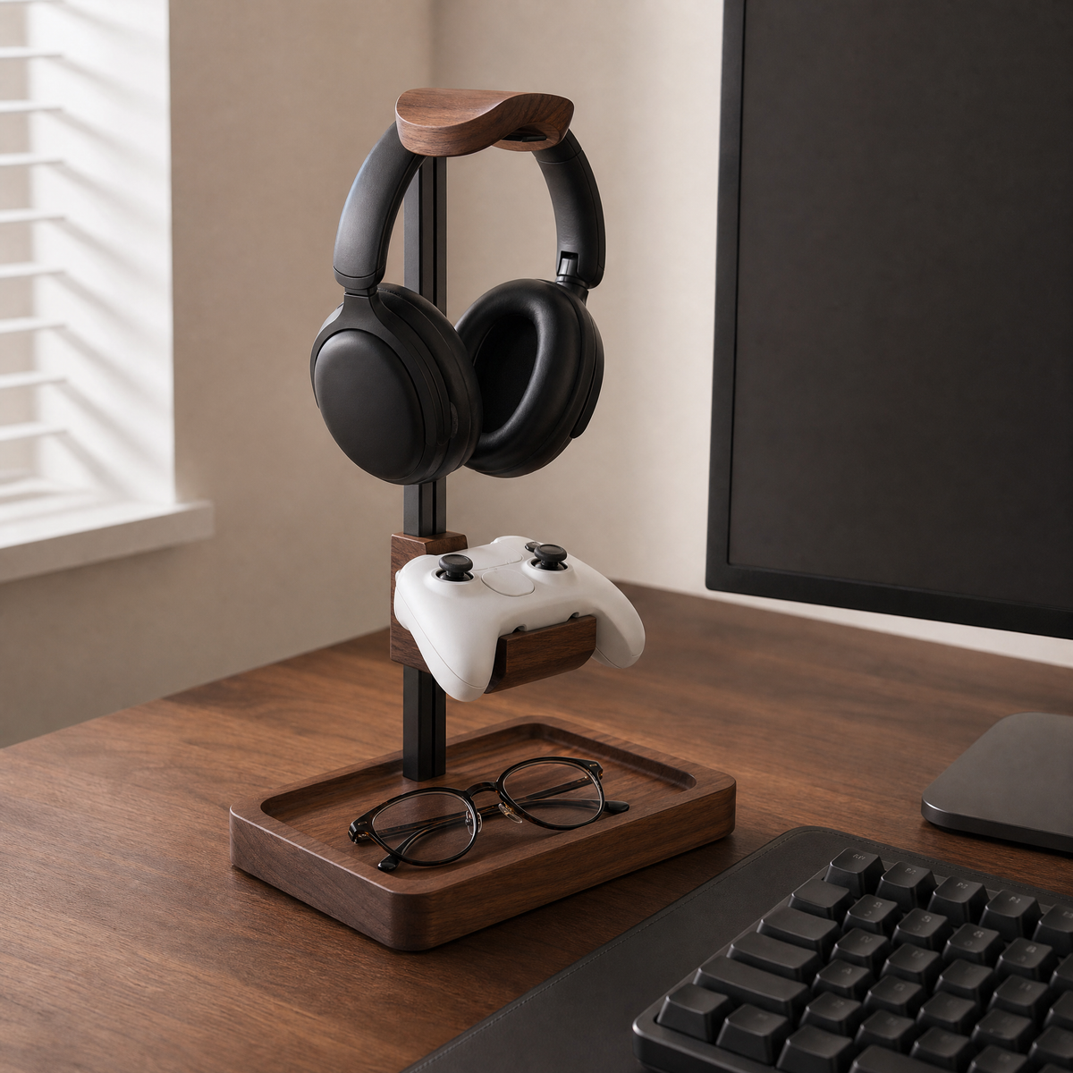Height-adjustable headphone and controller stand with walnut tray and black steel post