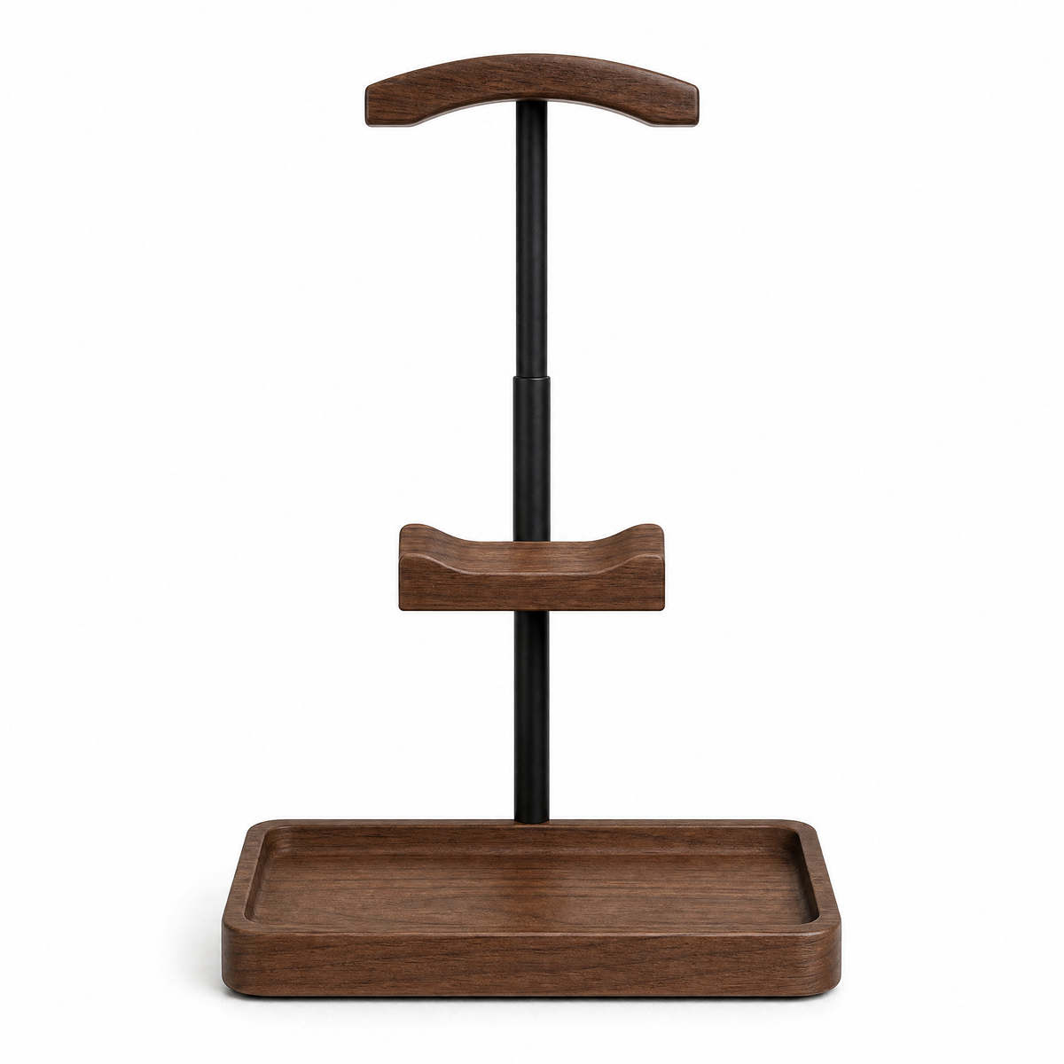 Height-adjustable headphone and controller stand with walnut headrests and wide base