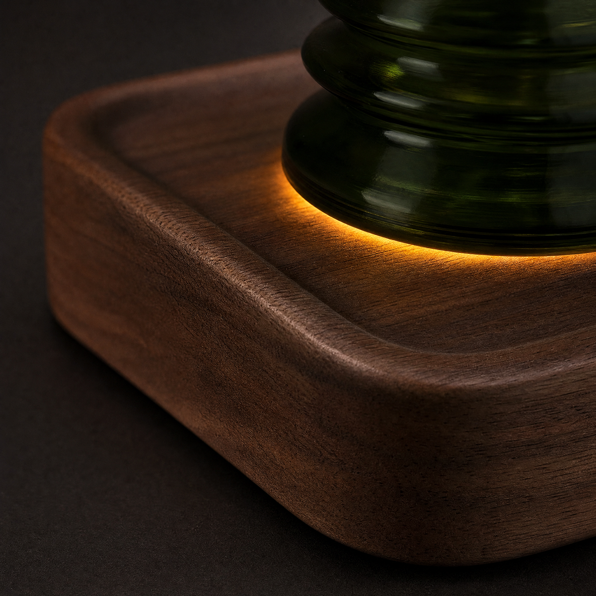 Walnut wood base with warm glow for green glass Christmas tree diffuser